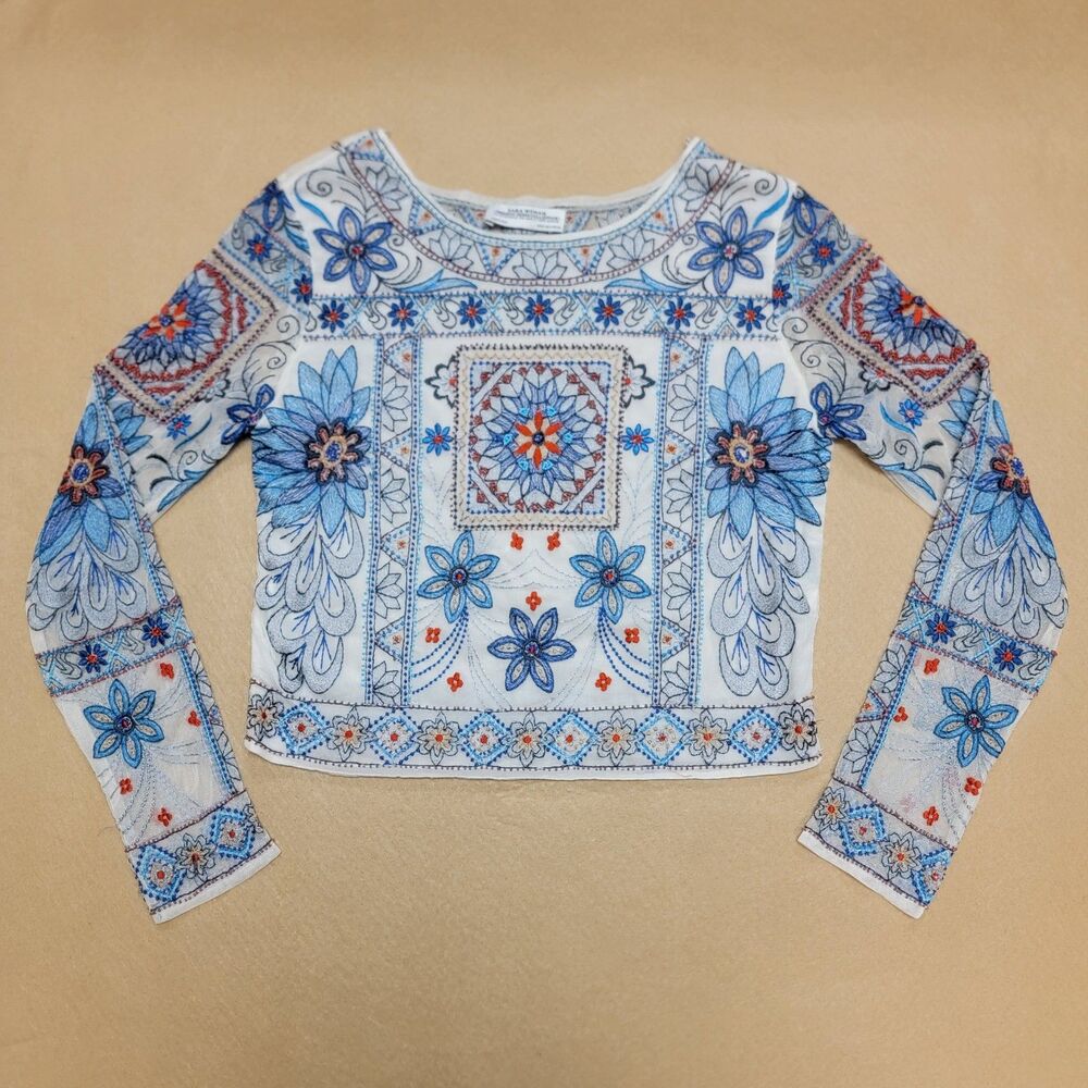 Zara Boho Hippie Women's Small Shirt White Blue Beaded Cropped Sheer Back Blouse